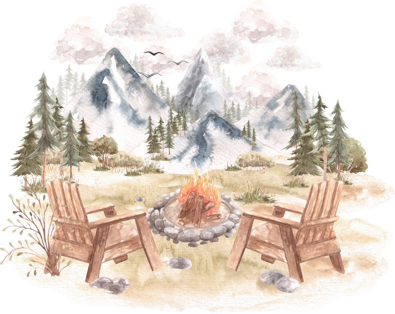 Campfire and Mountain Landscape watercolor Clipart